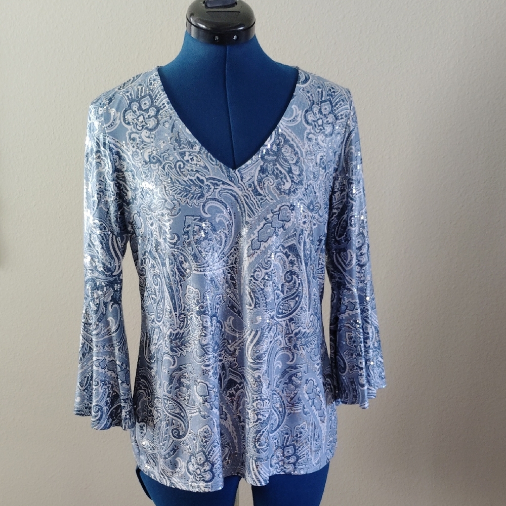 S. Levine Blue Paisley V-Neck Top With Embellishments